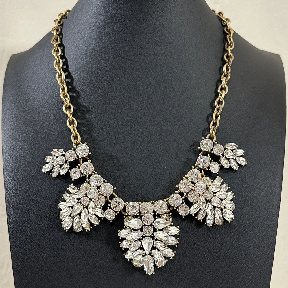 J Crew Vintage White Crystal Cluster Antique Gold Tone Statement Bib Necklace